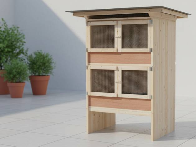 Kaninchenstall mit 4 Boxen und Kotwannen steht in einem Garten neben Pflanzen.